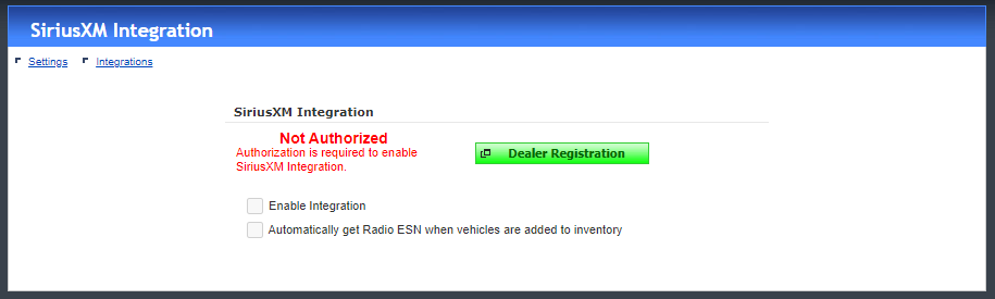 SiriusXM Integration Setting Screen