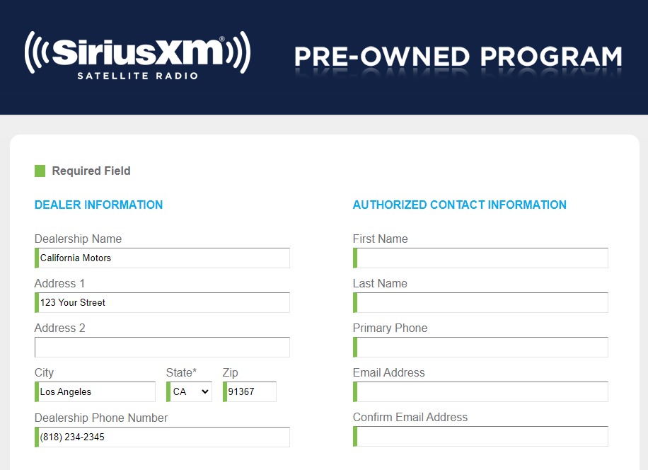 SiriusXM Enrollment Form visual